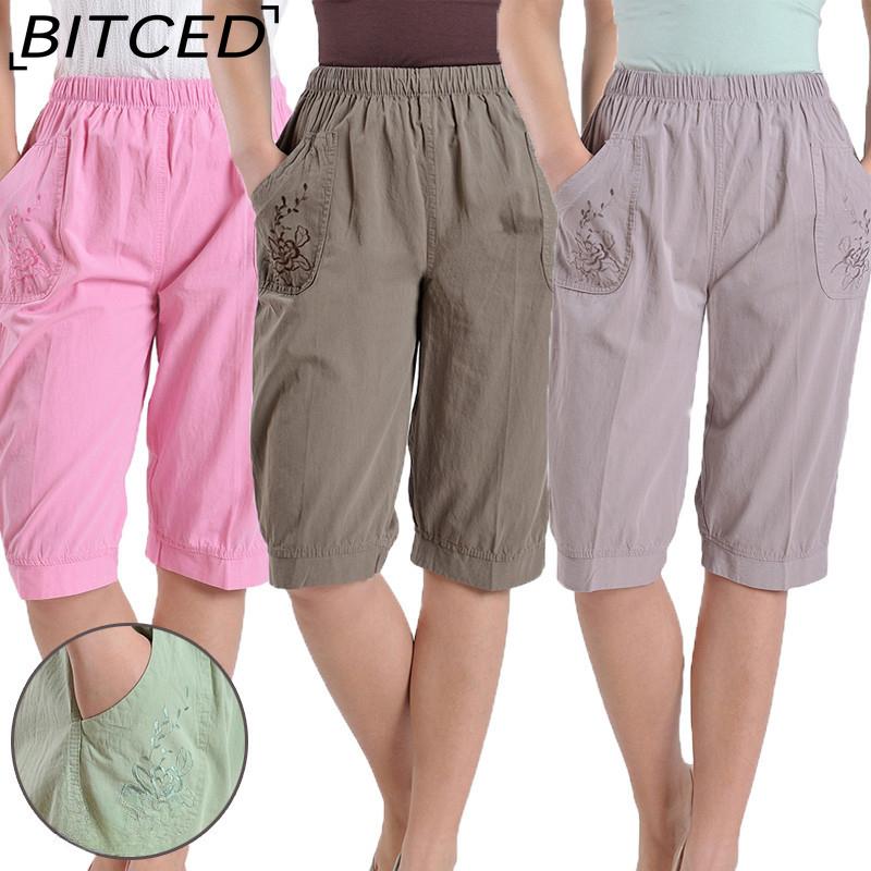 BITCED Summer Women Elastic Waist Straight Trousers Middle Age Older Women High Waist Straight Pants Washed Cotton Cropped Plus Size Pants
