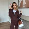 Russian and European style solid color long-sleeved zipper cardigan knitted suit + wide-leg trousers two-piece women's clothing