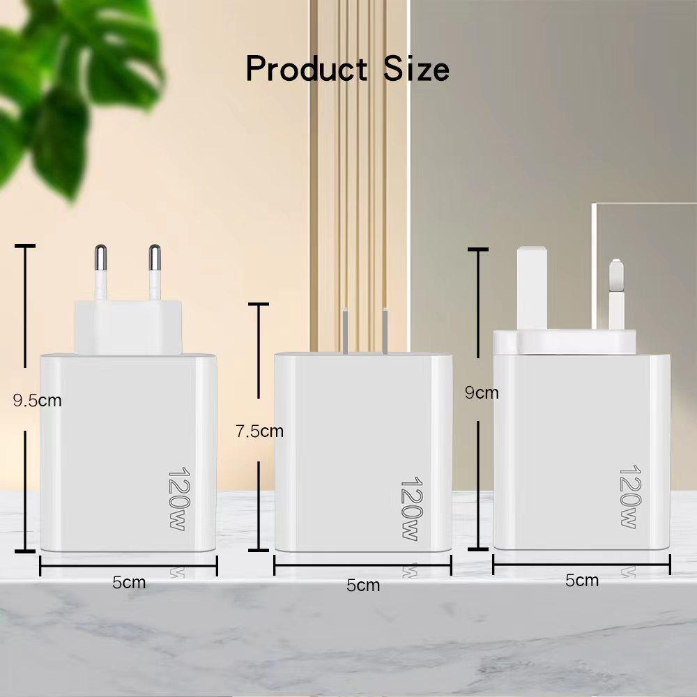 120W Multi-Port Fast Charger, PD+USB, Type-C, EU/US/UK Plug, Compatible with Apple Devices.