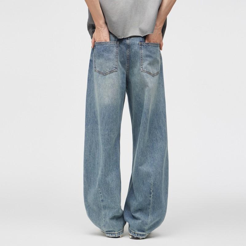 Mens High-end Cotton Denim Jeans Vintage Washed Wide Leg Streetwear Style Casual Long Pants