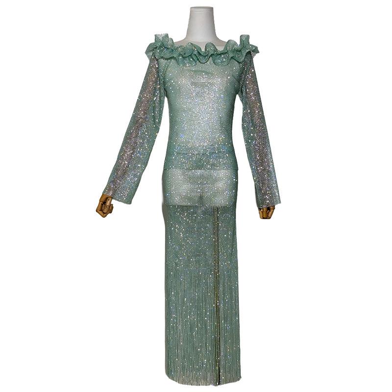 Yanni Lake Blue Rhinestone Tassel Bodycon Dress with Slimming Midi Skirt & Long Sleeve Top