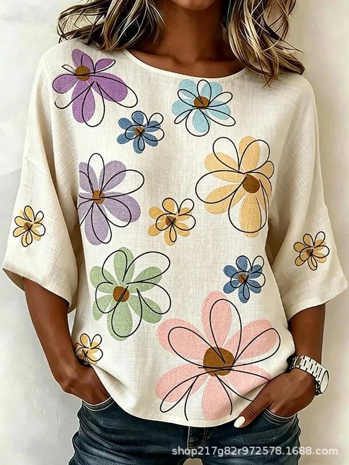 Xiyin's New Summer T-shirt Women's D-printed Retro Round Neck Loose Seven-quarter Sleeve T-shirt Top