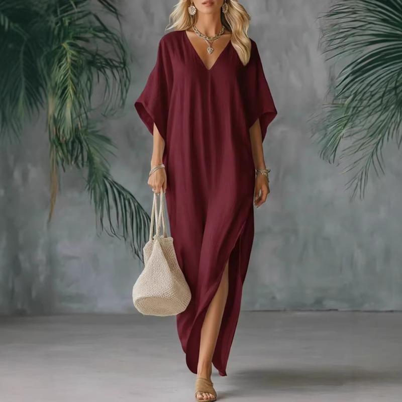 DICFY Women's Fashion Summer Spring Solid Color Print Short Sleeve V-Neck Casual Dresses
