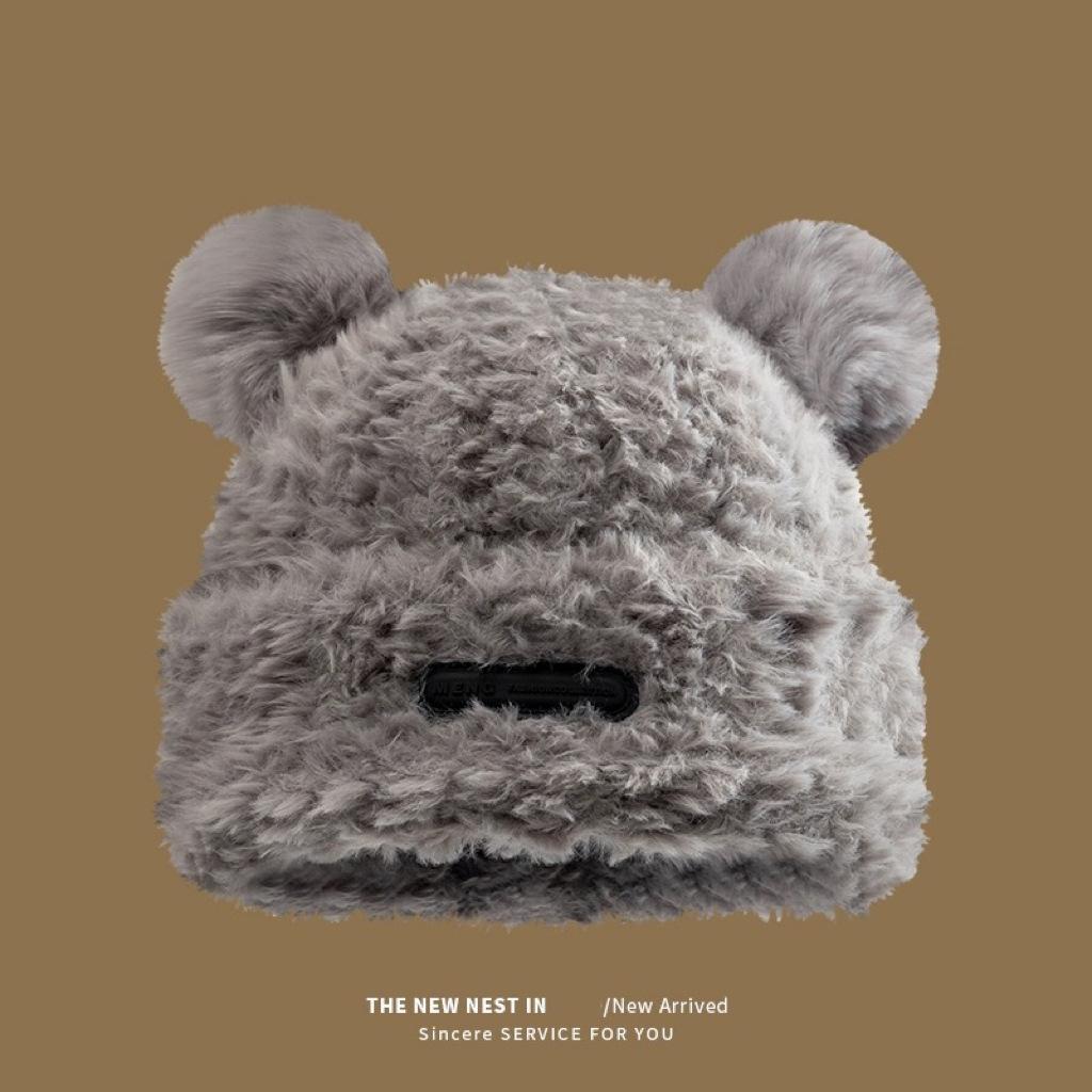 Cute bear wool hat women's winter plush warm fluffy autumn and winter big head circumference knitted hat
