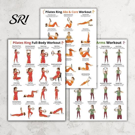 Pilates Strength Training 3Pcs Circle Exercise Chart 10x8 Inch Frameless Poster Circulation Improvement Workout Schedule for Beginners Elderly