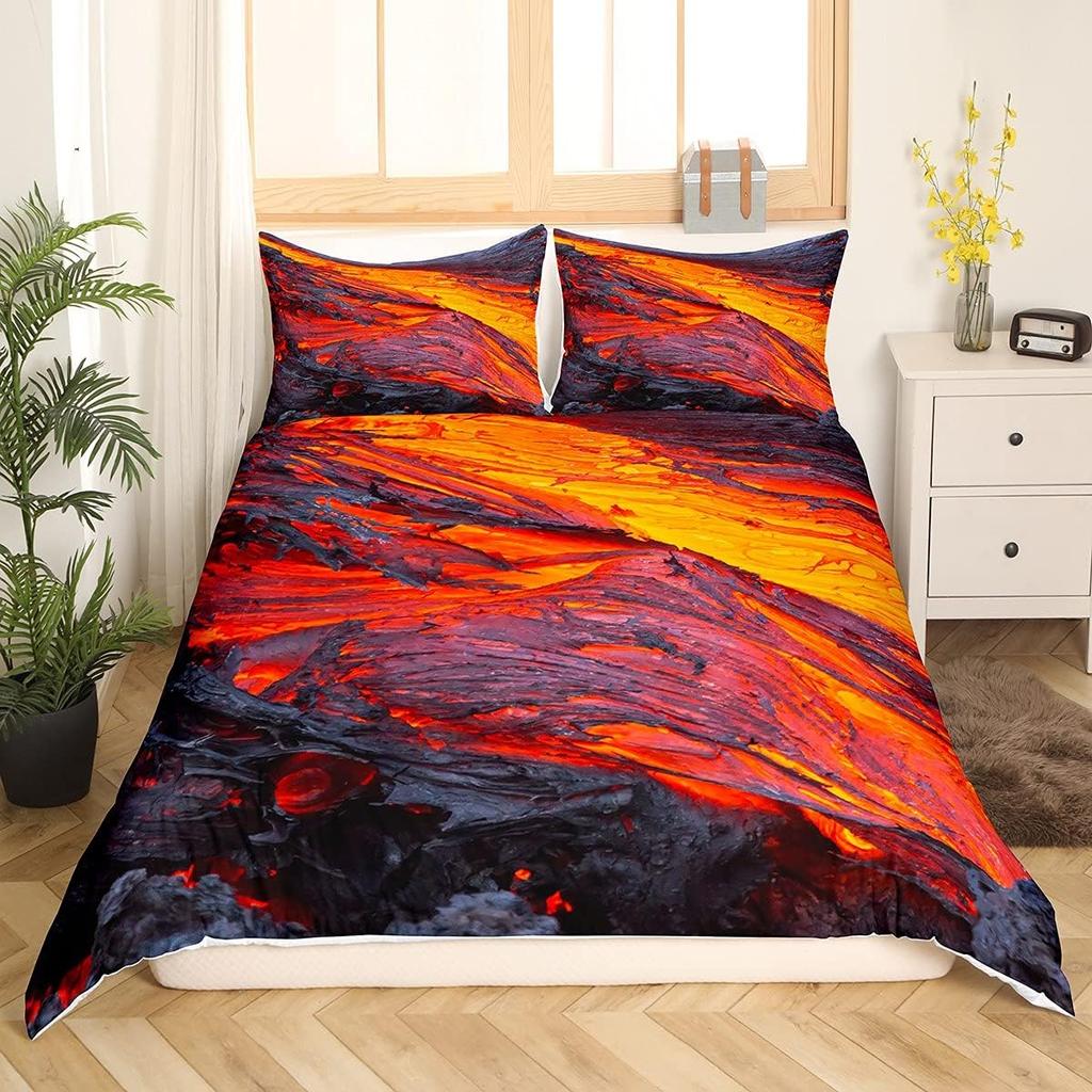 Vulkan Bettwäsche Set Twin 2/3 Teile Katastrophe Gedrucktes Muster Rot Gelb Bettdecken-Set Lava Bettbezug Für Erwachsene Jungen Männer Teen