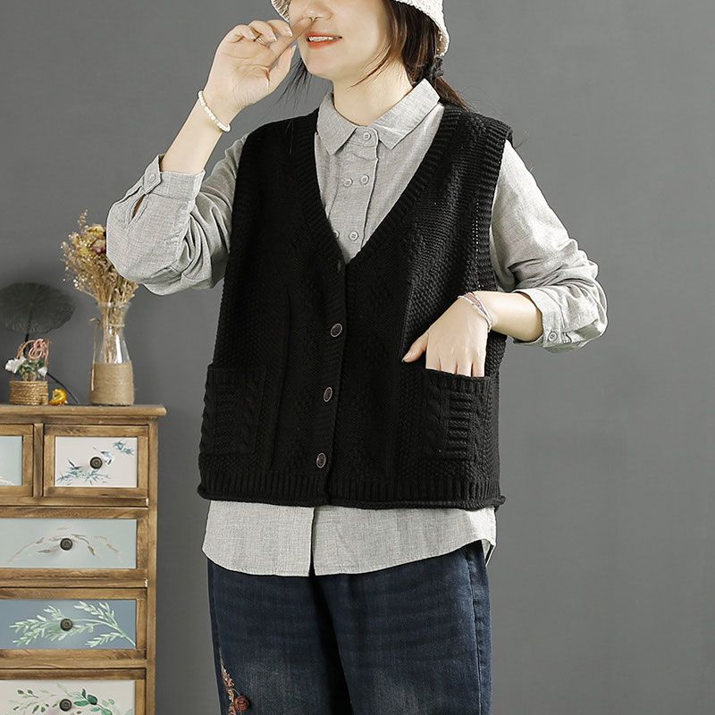 Vintage Retro Women Vest New V Neck Solid Color Versatile Single Breasted Knitwear Spring Autumn Fashion Outerwear