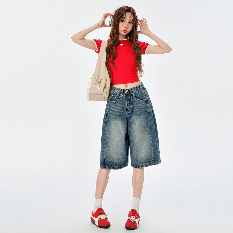 Women's High-Waist Relaxed Denim Shorts - American Retro Style