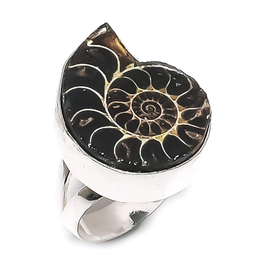 Natural Ammonite Fossil Gemstone 925 Sterling Silver Jewelry Ring Size 8 ETC-14108