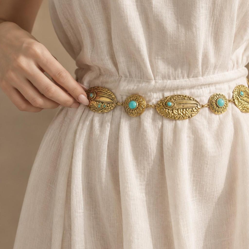 Feather Motif Waist Chain Radiating Circle Medallion Adjustable Clothing Accessory for