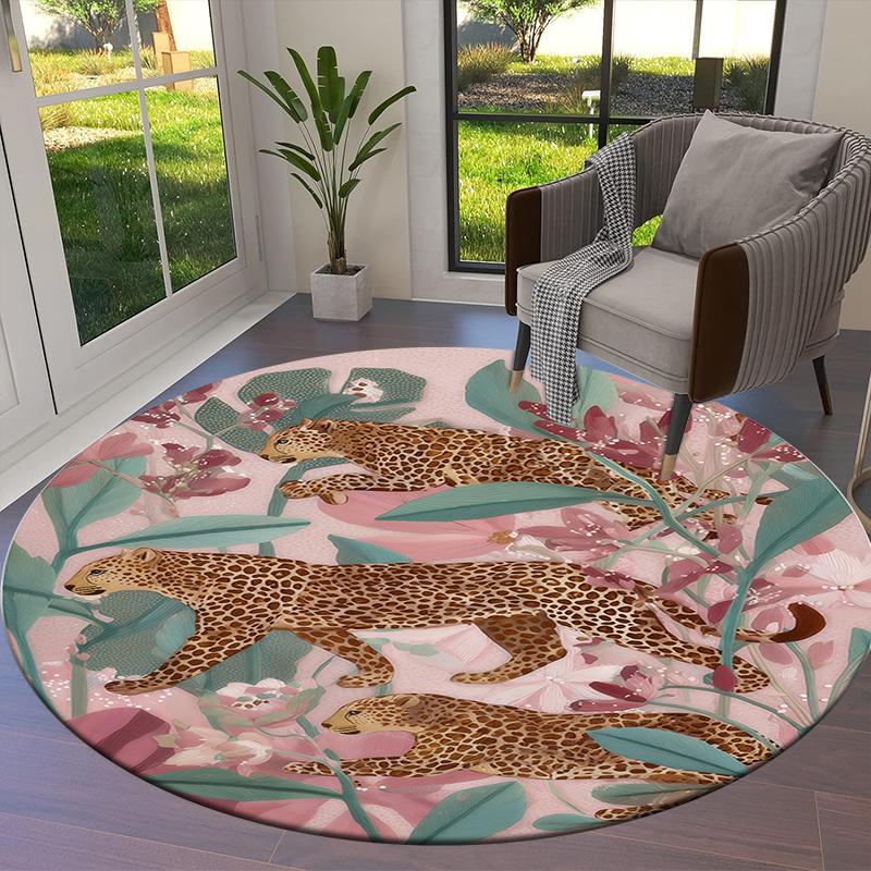 Roses and Tigers, Leopards Round Area Rug,Carpet Rug for Living Room Bedroom Sofa Playroom Decor,Non-slip Floor Mat