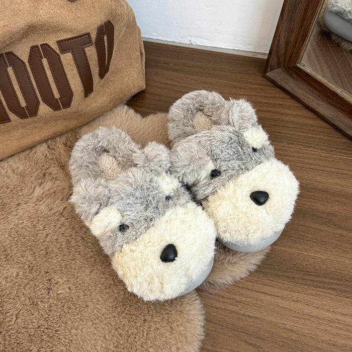 Niedliche gekritzelte Welpen flauschige Hausschuhe Damenbekleidung 2025 Herbst und Winter neu ins Wind vielseitig rutschfest Taschenkopf Hausschuhe