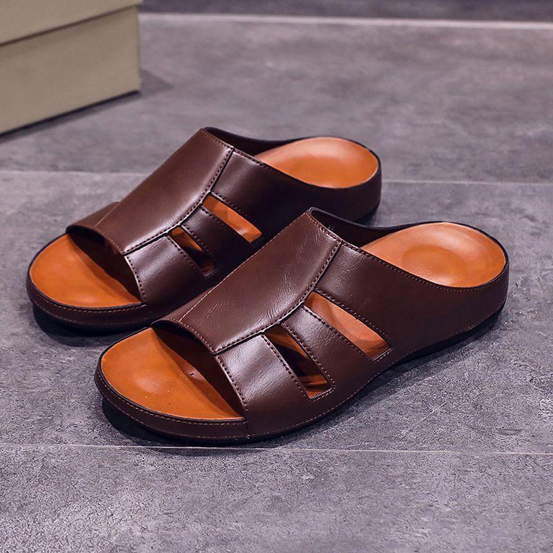 

Мужские повседневные модные минималистичные однотонные сандалии из микрофибры с синтетическим плетением, круглым носком, мягкой подошвой и искусственной стелькой 46 светло-коричневого