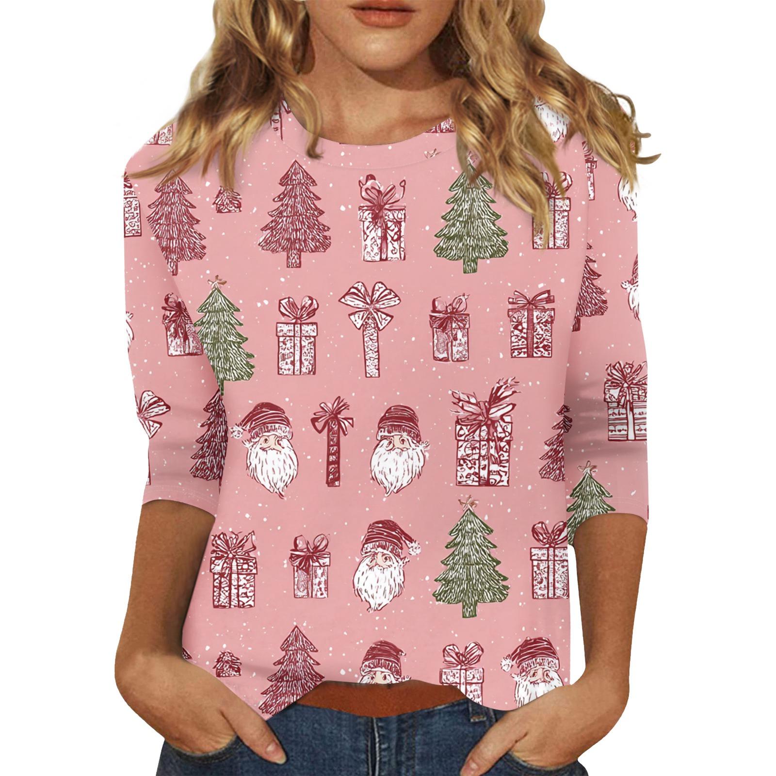 

Женский топ с круглым вырезом и рукавом 3/4 с рождественским принтом XL арбуз красный