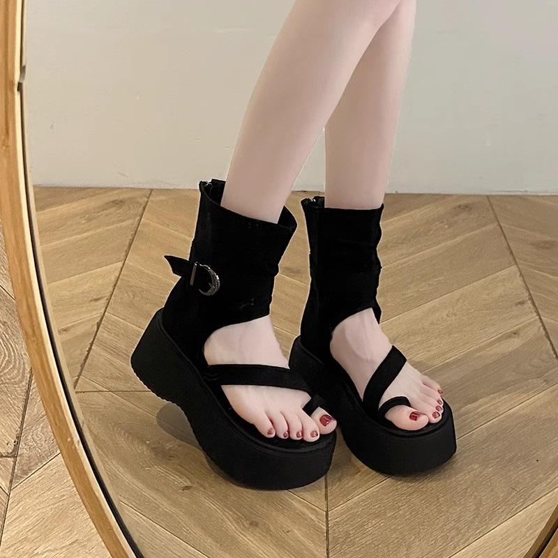 Vintage Thick-soled Roman Cool Boots for Women's 2025 Summer New Fashion Set-toed High-top Sandals Heightened Zipper Short Boots