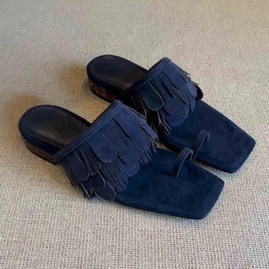 Sheepskin Version~ Niche Suede Tassel Low Heel Square Head Set Toe Slippers Women's Wear 2025 Summer Cool Slippers