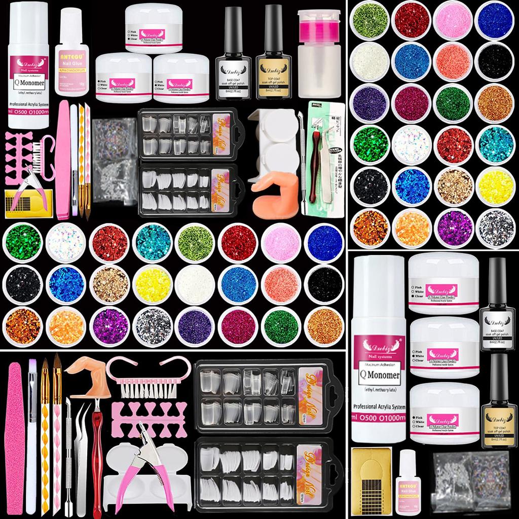 Nail Art Kit Complete Set Acrylic Powder Liquid 12 Colors Beginner Extension Gel UV Light Tools
