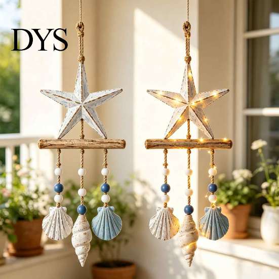 Jute Rope Wall Hanging Lighted Coastal Wooden Ornament, Nautical Fish Shell Starfish Sign with Handmade Beach Vibe Art Warm LED Lights, House