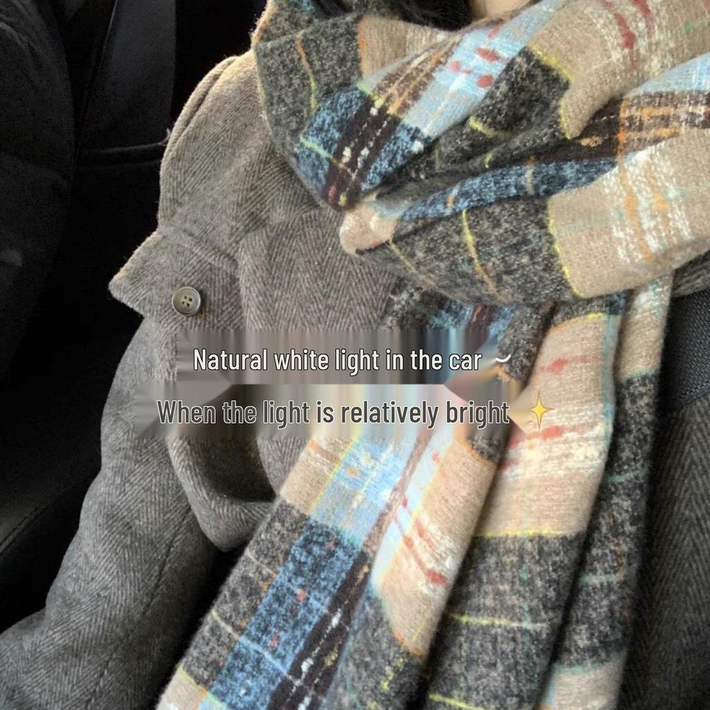 Korean Style Imitation Cashmere Plaid Scarf - Women's Warm, Thick, and Versatile Neck Warmer for Fall and Winter.