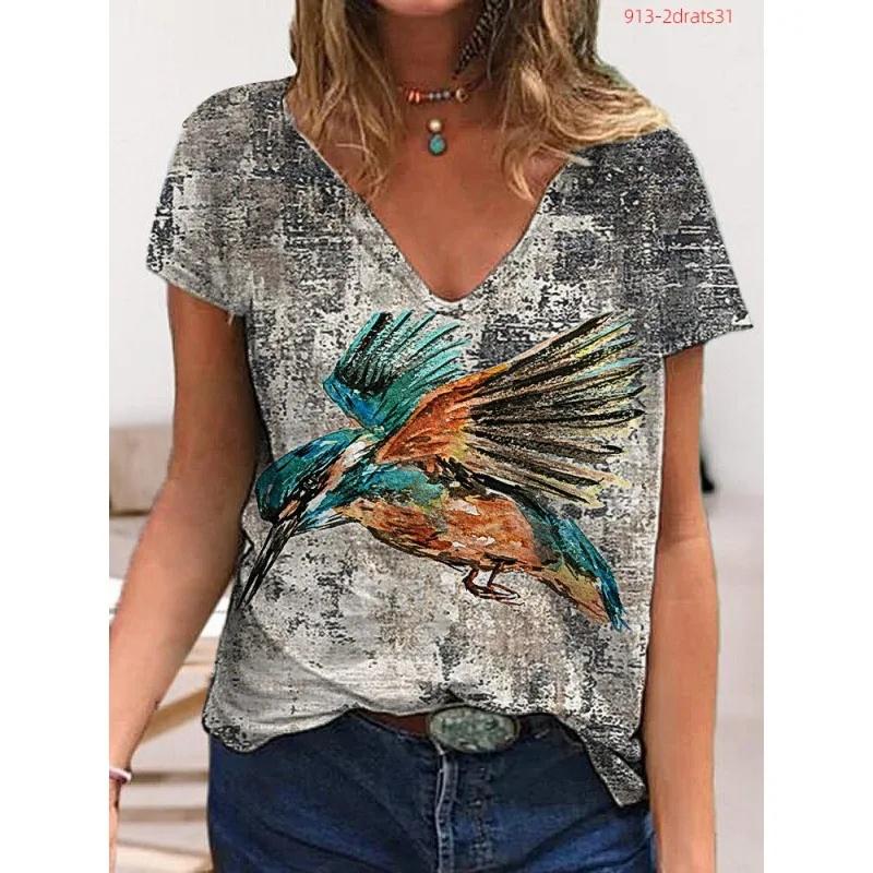 Sommer Damen Kurzarm T-Shirt Schmetterling V-Ausschnitt 3D Druck Freizeit Oberteil Mehrere Stile und Größen zur Auswahl