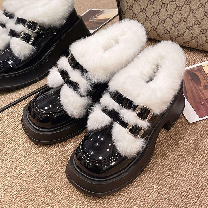 Black small leather shoes's winter velvet warm high heel Mary Jane shoes thick heel platform loafers fluffy shoes