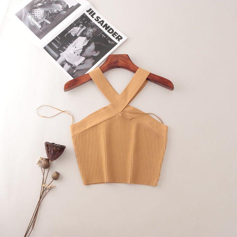 American Fashion Brand Cross Hanging Neck Cami Summer Rib Solid Sexy Short Knitted Top Women
