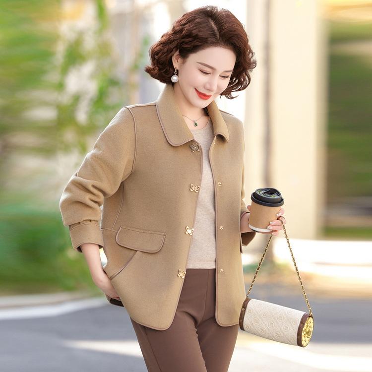 Mom's Spring and Autumn Fashion Trouser Top Trouser New Middle-aged Women's Clothing 50-year-old Lapel Fashion Large Size Woolen Jacket