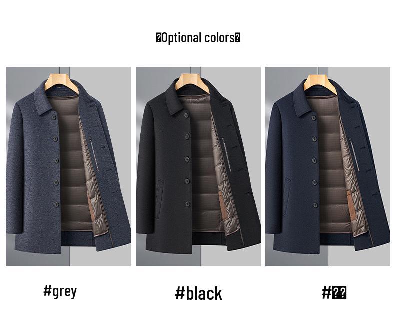 Men's Double-Faced Cashmere Overcoat with Detachable Down Lining - Business Casual Mid-Length for Middle-Aged Dads