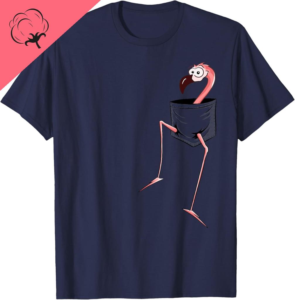 For Flamingo-Lovers L Fancy Pink Flamingo In A Pocket T-Shirt Graphic T Shirts Short Sleeve Custom T-Shirt Camiseta Hombre