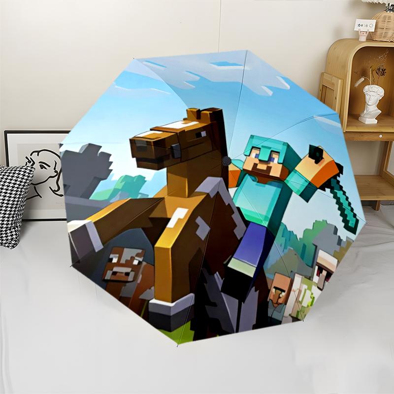 Minecraft5 Print Automatic Umbrella, 8 Rib Iron Frame, Plastic Handle, Suitable for Outdoor Travel &Daily , Ideal Gift
