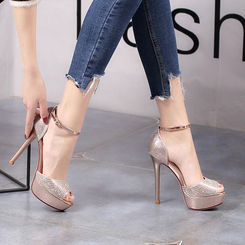 Thin heel rhinestone sandals women's 2025 summer new Internet celebrities one-word buckle high heels versatile fish mouth waterproof table women's
