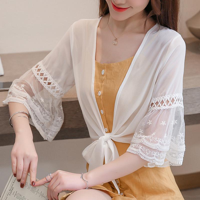 Women Summer Lace Chiffon Shawl Sun Protection Cardigan Seven-quarter Flare Sleeve Knit Open Front Coat