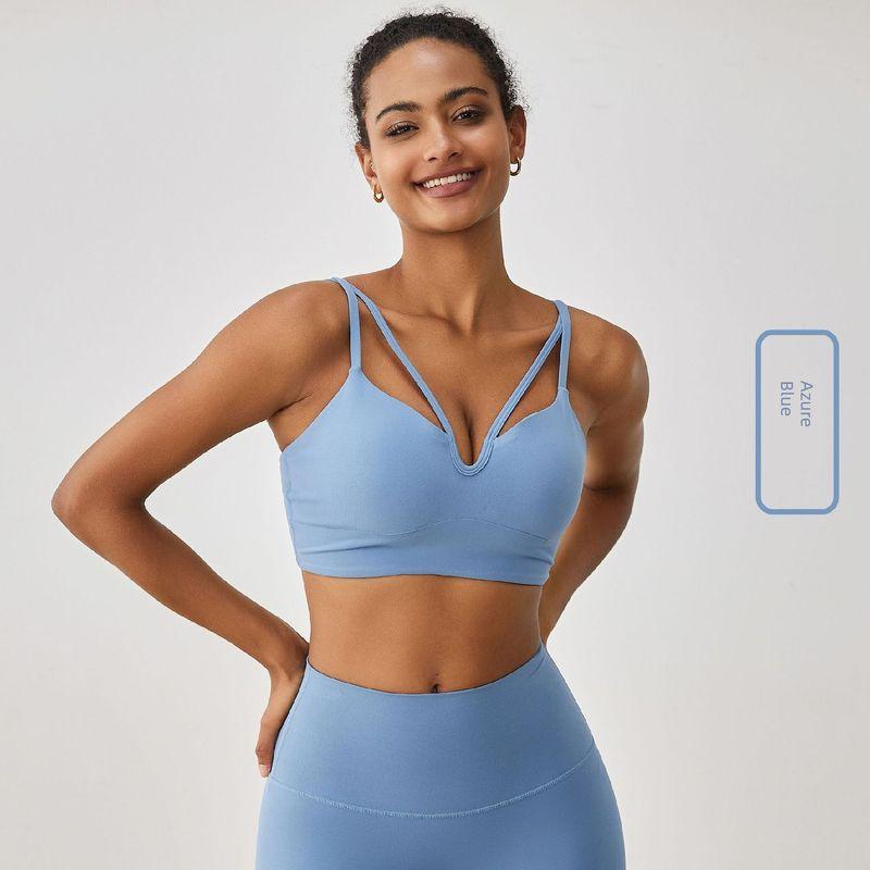 

Nude Feel Yoga Sports Underwear Women s Sexy V-neck Bubble Wrap Fitness Vest Sling Beautiful Back Push up High Strength Bra Cham blue 6