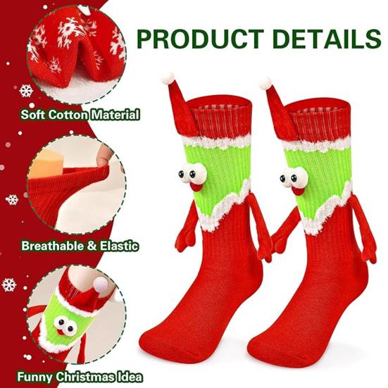 1 Pair Christmas Couple Socks Magnetic Hands Cartoon Deer Snowman Design Long Socks Soft Breathable Xmas Socks