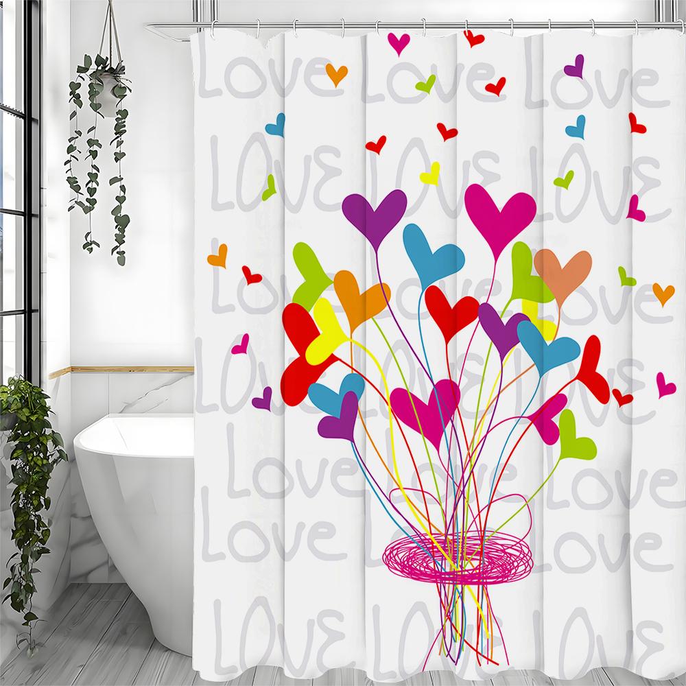 Colorful Cartoon Love Shower Curtain, Bathroom Decorative Shower Curtain, Waterproof Shower Curtain with Hooks