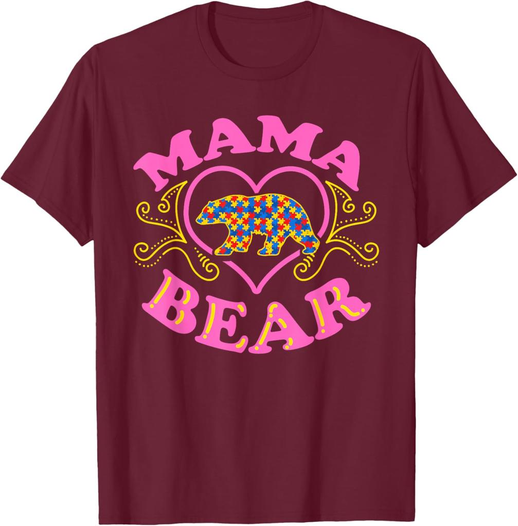 Mama Bear Autism Awareness Puzzle Bear Graphic T-Shirt Casual Short Sleeve Crewneck Tee