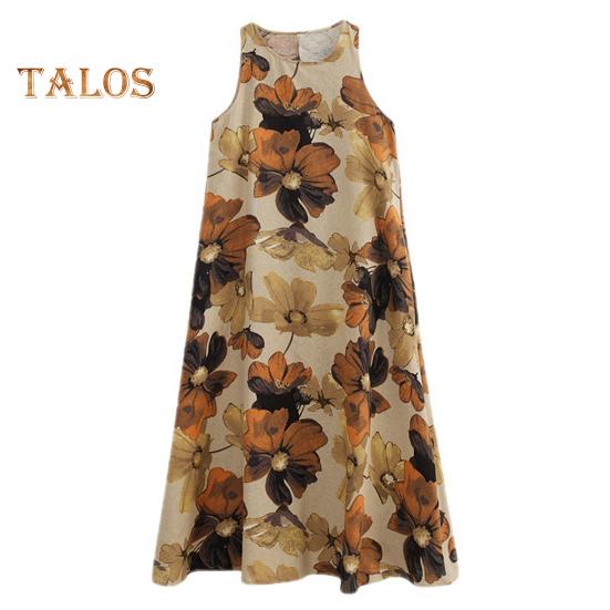 Boho Plus Size Cotton Linen Dress for Women Summer Sleeveless Printed Loose Long Dress Casual Round Neck Maxi Tank Dress