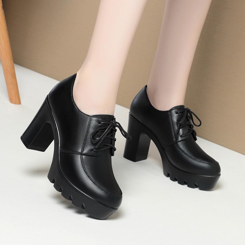 Spring and Autumn soft leather women's shoes black waterproof table high heel platform women's lace-up single shoes mother leather shoes