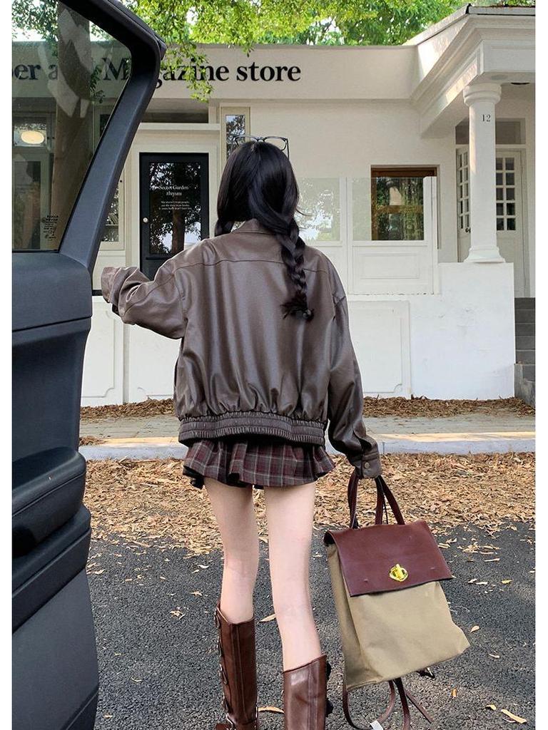 Women's High-End Retro PU Leather Coffee Jacket - Slimming, Windproof, Long Sleeve, Motorcycle Style.