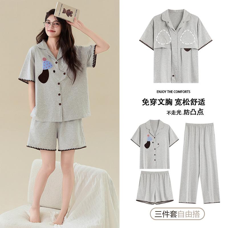 1A antibacterial pure cotton pajamas women's summer with chest pads, short sleeves, plus size 50kg girls' loungewear three-piece set