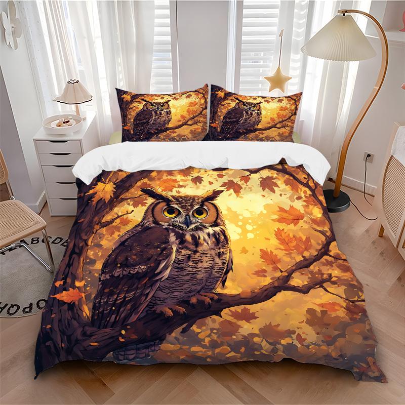 

3pc Autumn Owl Cover Set - 1 Quilt Cover + 2 Pillowcases, All Seasons Bedroom Setting, Perfect for Home061 135x200cm