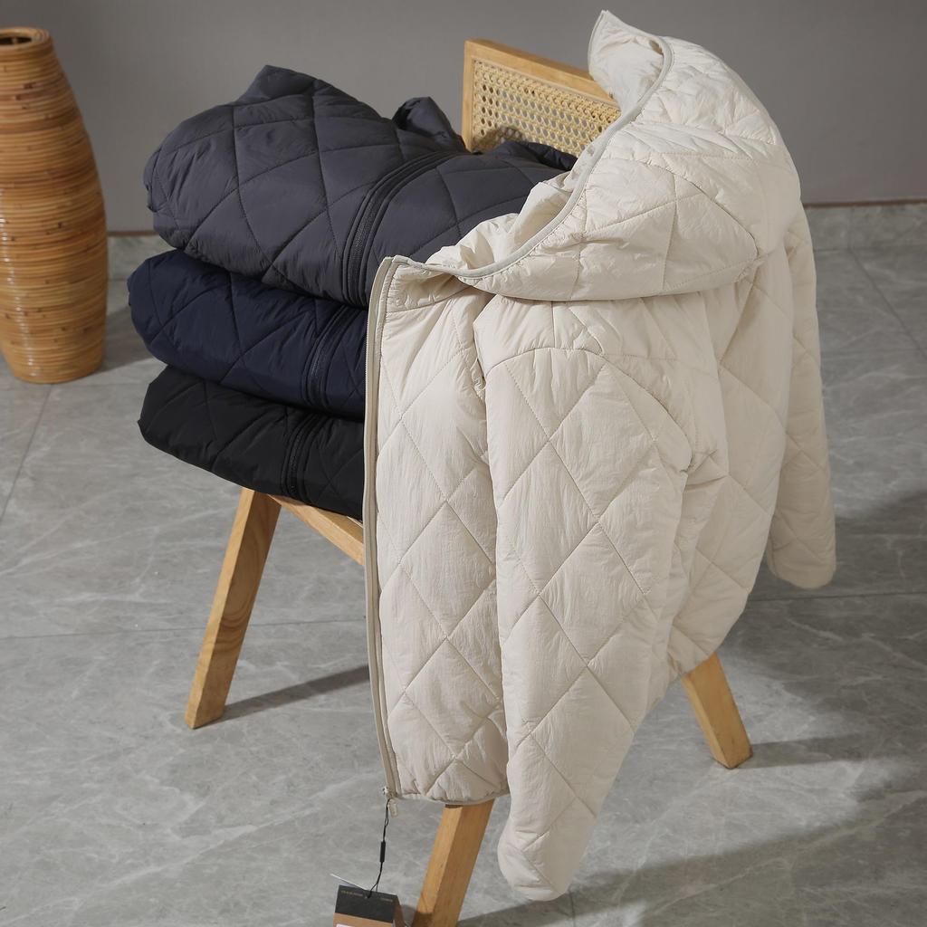 Men's Hooded Cotton Jacket with Mulberry Silk, Diamond Pattern, Winter Casual Outerwear.