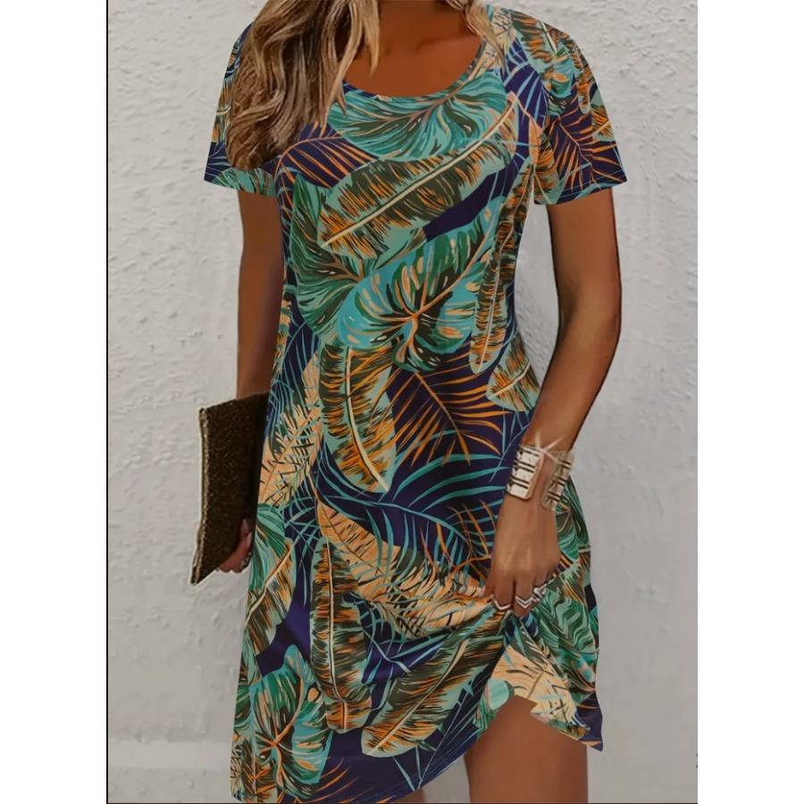 2025 New Women's Printed Casual Short Sleeve Crew Neck Pendulum Dress Women's Clothing