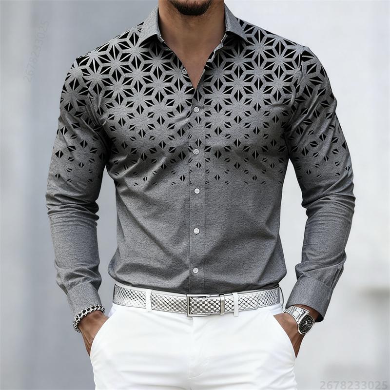 10 Colors of Men's Shirts, Fashionable Geometric Pattern Print Long Sleeve Shirts, Personalized Trendy Slim Lapel Casual Shirts