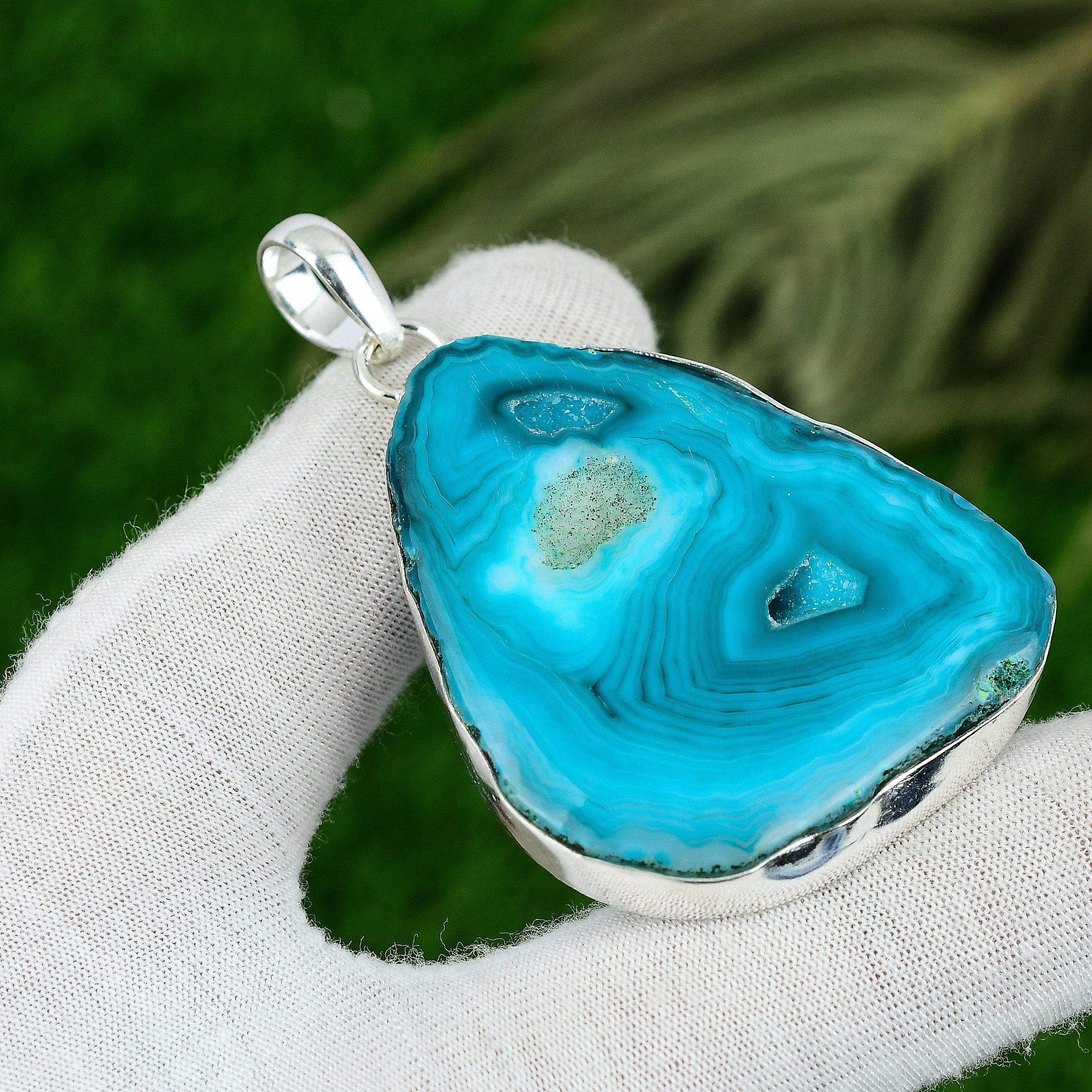 

925 Silver Trillion Green Druzy Slice Stone Wedding Engagement Pendant Jewelry