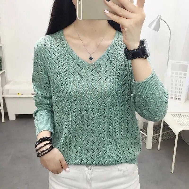 Dámský jarní a podzimní svetr s výstřihem do V, s dlouhým rukávem, volný pulovr, všestranný pletený top, základní vrstva