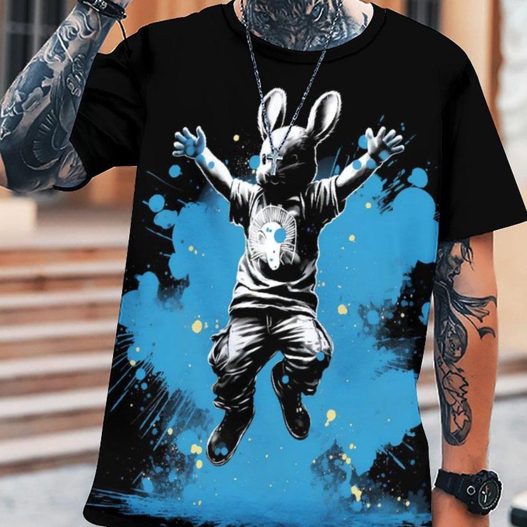 Stylish Bunny 3D Digital Pattern Print Men's Graphic T-shirt, Causal Comfy Tees, Short Sleeve Pullover Tops, Men's Summer Outdoor Clothing