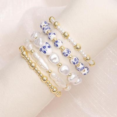 Elegant Blue & White Porcelain Gold Bead Bracelet with Faux Pearls and Layers