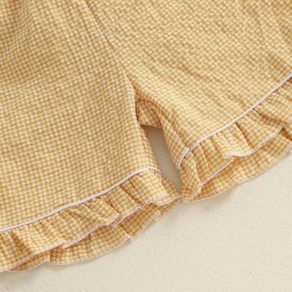 Pijamale de Paște pentru fetițe, cu broderie în carouri, cu volane, tricou cu nasturi, cu pantaloni scurți elastici pentru haine de găzduire, haine de noapte