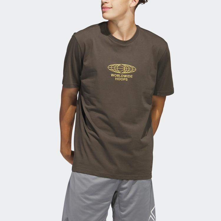 Adidas Embroidered Logo Pattern Crew Neck T-Shirt Men Tops Dark-Olive-Green IC1874